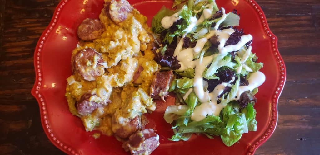 Low Carb Cheesy Sausage, Broccoli and Cauliflower Casserole