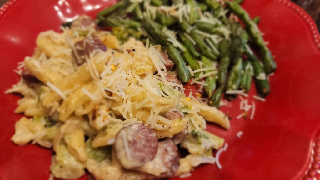 Creamy Sausage, Broccoli, Cauliflower and Pasta Skillet