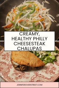 Philly cheesesteak chalupas with sirloin, peppers, onions, mushrooms, and provolone in a toasted pita.