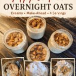 High-Protein Apple Pie Overnight Oats Pinterest graphic with four jars and close-up serving photos