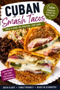 Mojo pork Cuban smash tacos with ham Swiss cheese and pickles