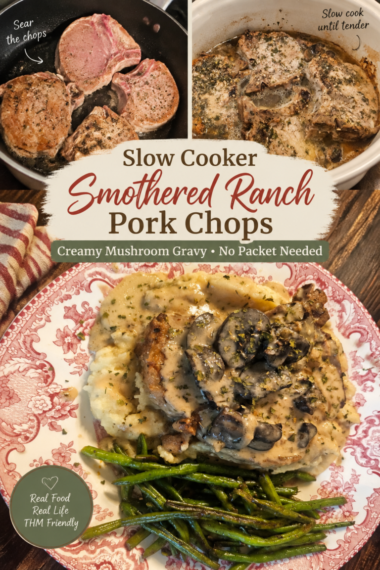 Pinterest pin for Crockpot Ranch Pork Chops with Creamy Mushroom Gravy- THM S (No Packet Needed)