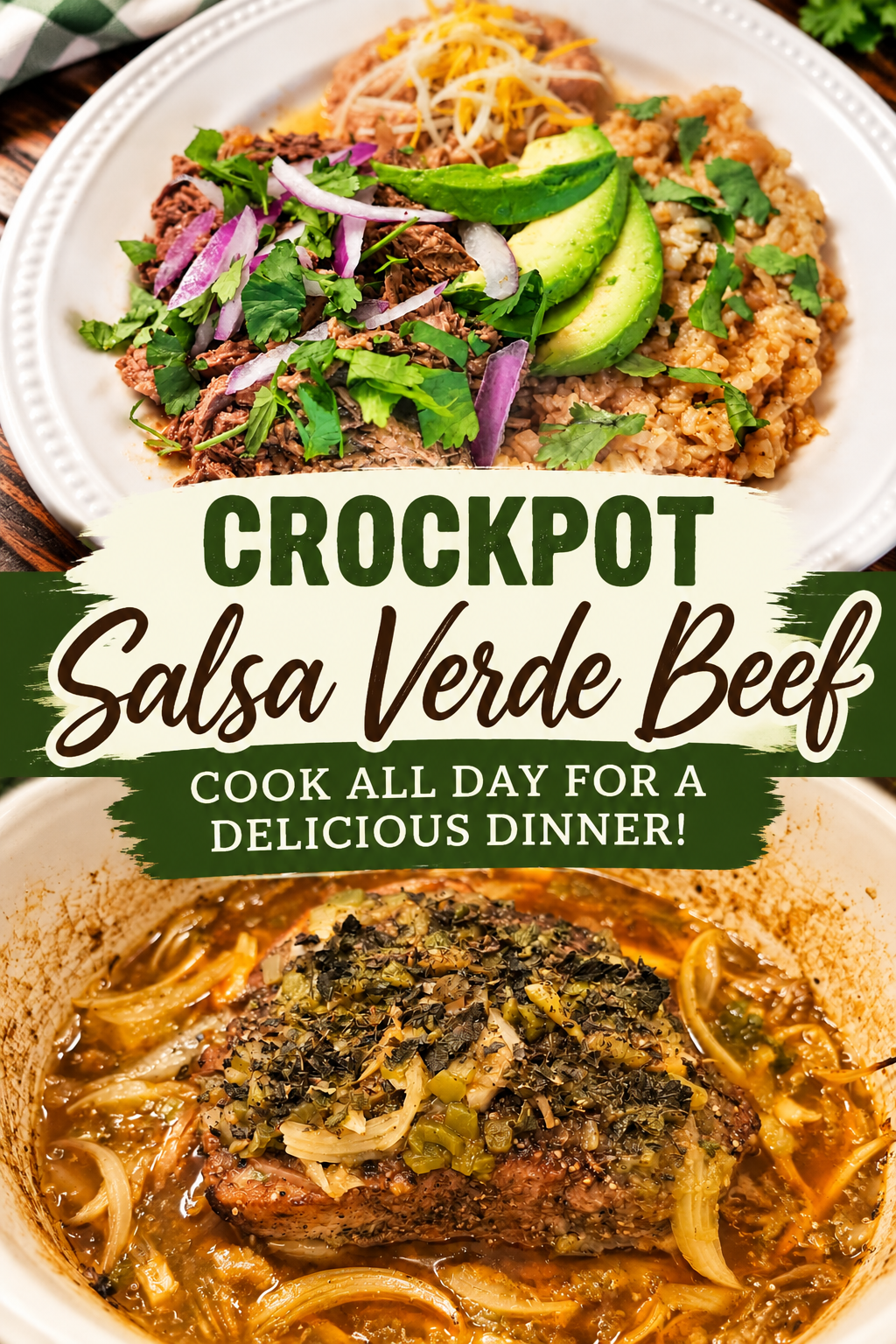 Pinterest pin for Easy Crockpot Salsa Verde Beef