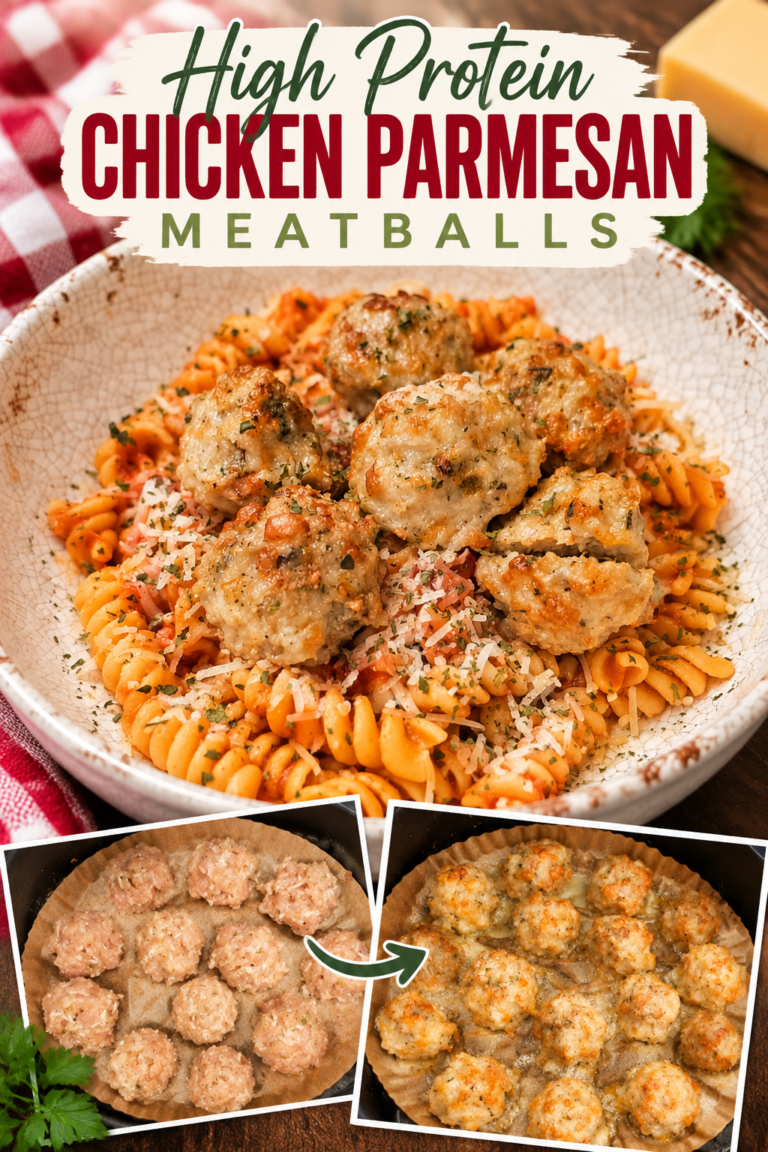 Pinterest pin for High Protein Chicken Parmesan Meatballs