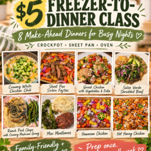 Jennifer Overstreet’s $5 Freezer-to-Dinner Class featuring eight THM-friendly crockpot, sheet pan, and oven dinners.