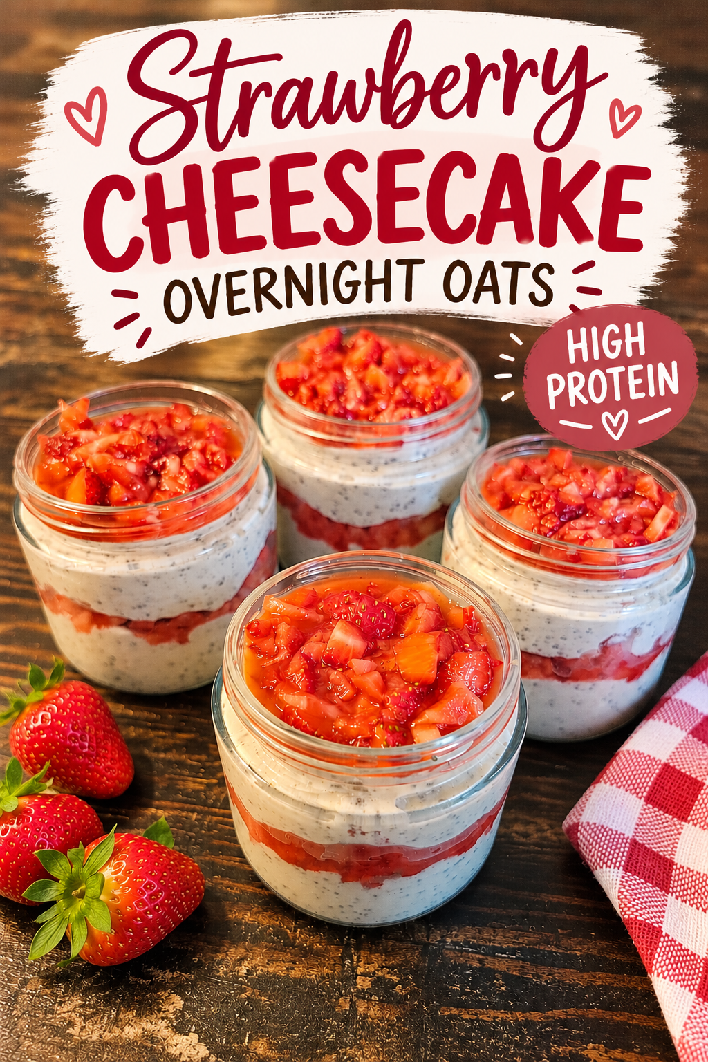 Pinterest pin for High-Protein Strawberry Cheesecake Overnight Oats