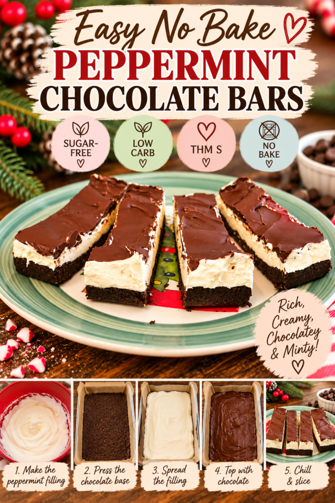 No-Bake Chocolate Peppermint Cheesecake Bars (Low Carb & Sugar Free)