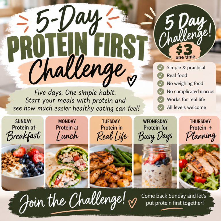 Jennifer’s 5-Day Protein First Challenge with a $3 one-time price badge and five daily meal themes.